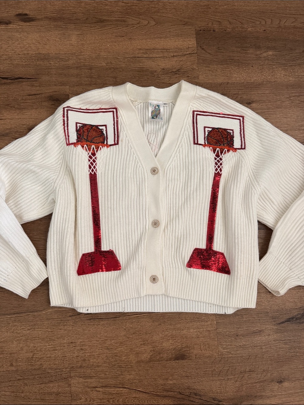 QUEEN OF SPARKLES White Cardigan with Red Sequin Basketball Appliqués